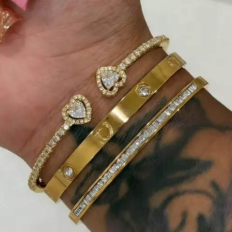3 Piece Set Stainless Steel 18K Gold Plated Heart Rhinestone Bracelets, 14k Gold Plated Copper Zircon Open Bracelet, Fashion Women's Jewelry Gift Set, Stackable Bracelets, Exquisite Bracelet, Fashion Wrist Jewelry, Beautiful Bracelets