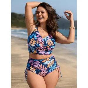 BLOOMCHIC Women's Plus Size Bright Tropical Floral Tummy-Control Tankini Swim Top - Polyester Sets, Modest Adaptive-Fit Swimwear with Gathered Detail, [M-6X] 2026 Summer Pick for Mothers, Floral Print Swimsuits, Tankini Bathing Suits