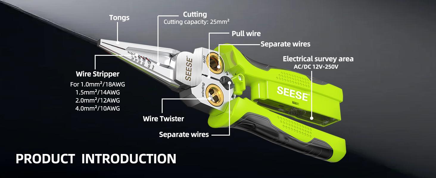 SEESE 8 in 1 Wire Stripper Twister for Cutting and Pulling Wires, Voltage Tester Pliers,Cable Scissors, 12V to 250V Live,Null,Hot Wire Judgment AC DC, Audible and Flashing LED Alarms