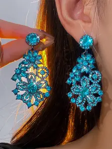 Vintage Blue Flower Rhinestone Earrings for Women, Elegant Wedding Evening Wear Jewelry, Stylish Party Accessories for All Seasons
