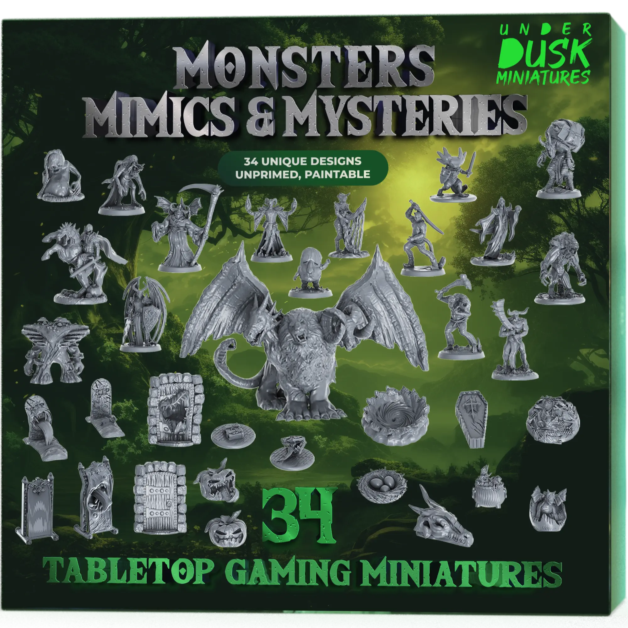 Underdusk Monsters, Mimics & Mysteries - 34 DnD Minis I Transforming Mimics I Stat Blocks Included I Tabletop Paintable Figures