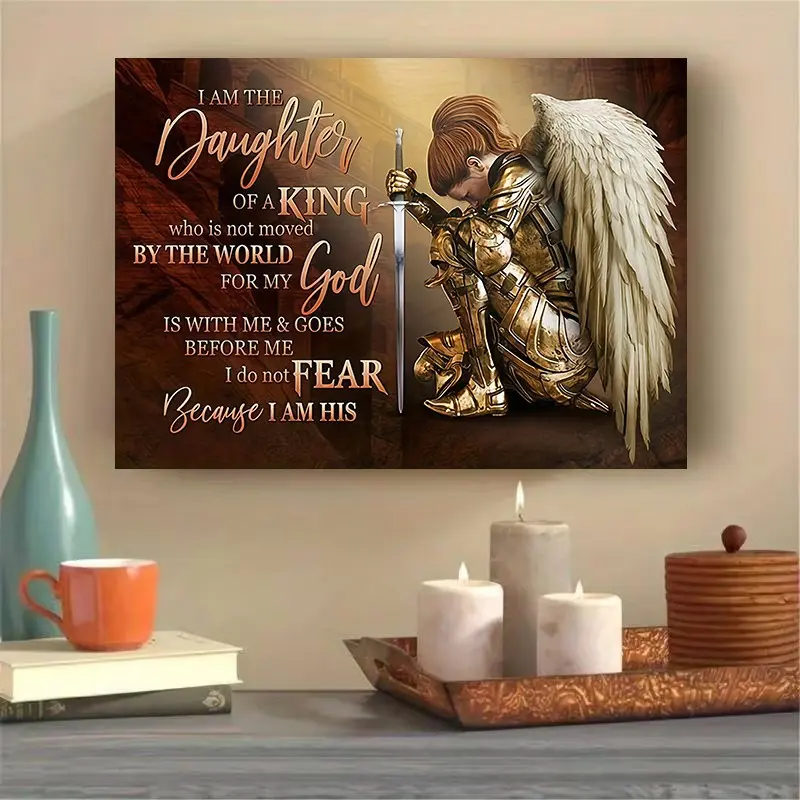 1 Piece Wooden Frame Canvas Art "I Am the King's Daughter" - Inspirational Warrior Aesthetic Wall Decor with Armor and Sword Design, Ready to Hang, Perfect Gift for Her/Him, Home Decor, Living Room Artwork, Empowerment Quote, Quote Prints, Textured
