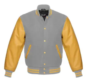 Letterman Varsity Jacket Wool & Real Leather Gray/Gold Collar Cotton Knit Menswear