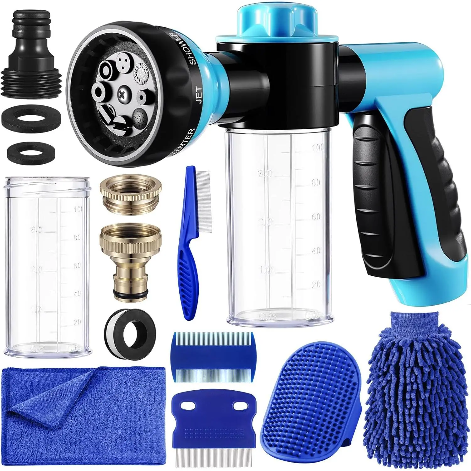 Baderke 10 Piece Dog Washing Hose Attachment Dog Hose Nozzle with Soap Dispenser Pet Shower Tool Set Dog Comb Bath Brush Towel Car Wash Mitt Brass Converter Tape for Pet Garden Car Washing (Blue)