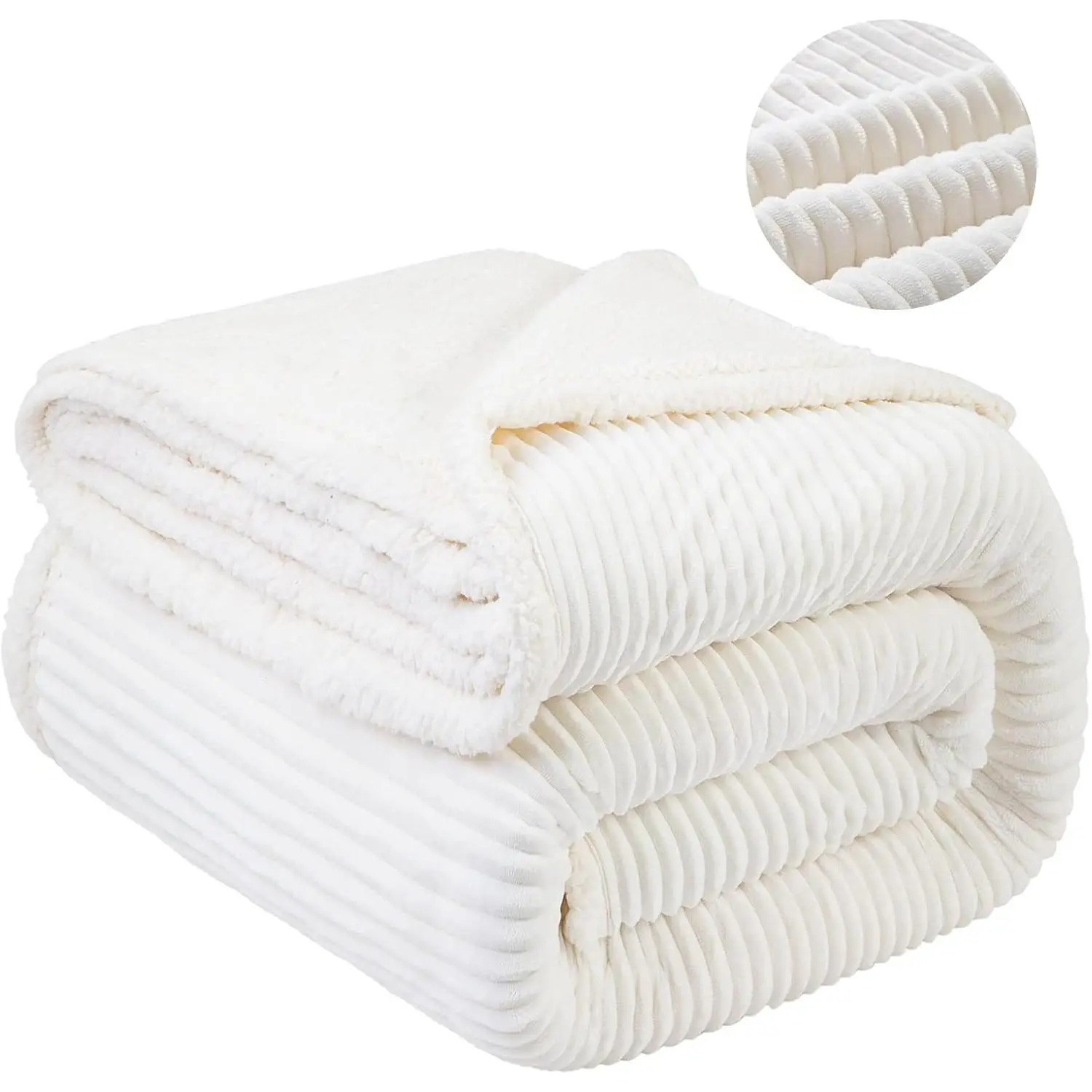 Striped Sherpa King Size, Super Fuzzy Plush Warm Fluffy Microfiber Couch Throw Velvet Double Luxurious Blankets (90x104),Ivory