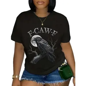 Women's Cotton Casual Short-Sleeve Round Neck Crow F-CAW-F Funny Gothic Moon Graphic T-Shirt - Vintage Streetwear, Everyday Adult Humor Sports Top, Hoodie Front, Sweatshirt Front