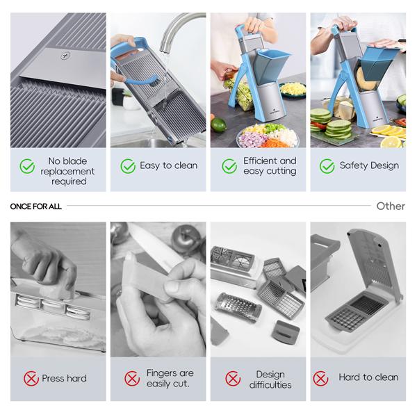 【ONCE FOR ALL】 Multi-functional Vegetable Slicer with 4 Modes Shredding Matchstick Slicing Dicing Adjustable Thickness 0.1-8mm Stainless Steel Blades Safe Healthy Kitchen Tool Dicer Shredder Modern Cut，Spring picnic / Gifts / Portable