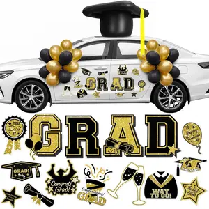 Gemscream 2026 Graduation Car Magnets Decorations 23'' Inflatable Graduation Cap 15 Pcs Congrats Grad Car Magnets Stickers Class of 2026 Decor for Parade, High School College(Gold and Black,Grad)