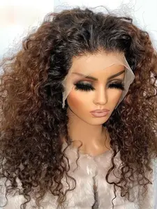 Ombre Brown Soft 26-Inch Long  180 Density Kinky Curly Deep Lace Front Wig, Glueless Heat Resistant Daily Wear Preplucked 13x4x1 Size All Seasons