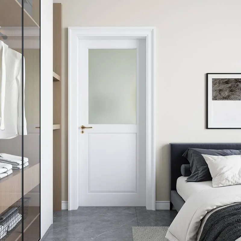 Half Frosted Glass Interior Door,White Primed Panel & Solid MDF Wood,Pre-Assembled French Slab Door for Dining Room, Bedroom, Closet, Laundry Room, Bathroom,w/o Hardware