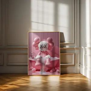 Pink Kaws Having a Bath, Funny Hypebeast Design, Minimalist Kaws Graffiti Print, Modern Luxury Decor, Bathroom Wall Art