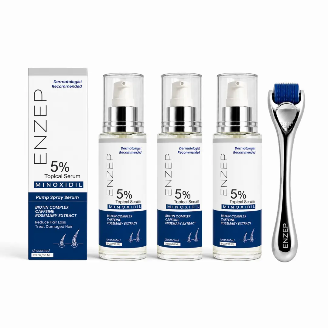 ENZEP 5% Minoxidil Hair Growth Serum with Titanium Derma Roller – Advanced Formula with Biotin for Hair Regrowth, Helps Reduce Hair Loss & Beard Care for Men & Women, 60 mL