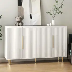 56"Modern Buffet Cabinet with Storage，Wood Credenza with 4 Fluted Doors and Adjustable Shelves, for Living Room, Kitchen, Entryway, White