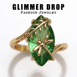 Glimmer Drop Dragonfly & Leaf Fairycore Ring Gold Plated Copper Multi-Color Olive Green Pink Statement Ring for Women's Creative Daily Party Fashion Jewelry Glam Rings