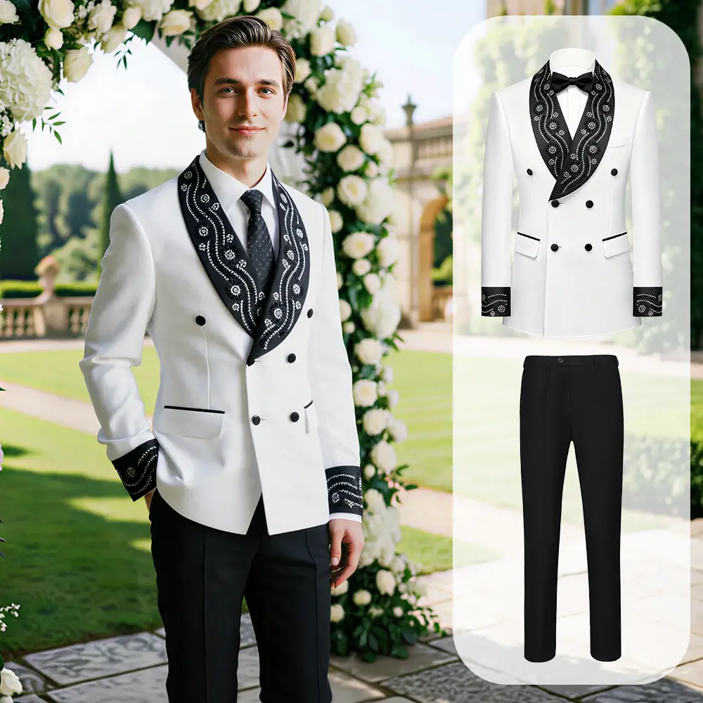 Men's 2-Piece Formal Tuxedo, Fitted Double-Breasted Rayon Suit with Rhinestone Contrast Shawl Lapel for Weddings & Evening Parties, Button, Work, Adult Style