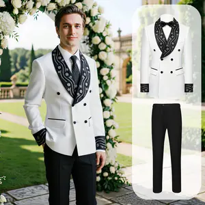 2 Pcs Premium Black & White Contrast Men's Suit  Luxury Rhinestone Shawl Lapel Double Breasted Tuxedo for Weddings Parties & Dates