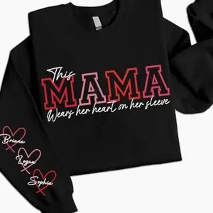 Personalized This Mama Wears Her Heart on Her Sleeve Sweatshirt, Mama Sweatshirt with Kid Names, Custom Shirt for Mom, Mothers Day Gift, New Mom Gift 3 6