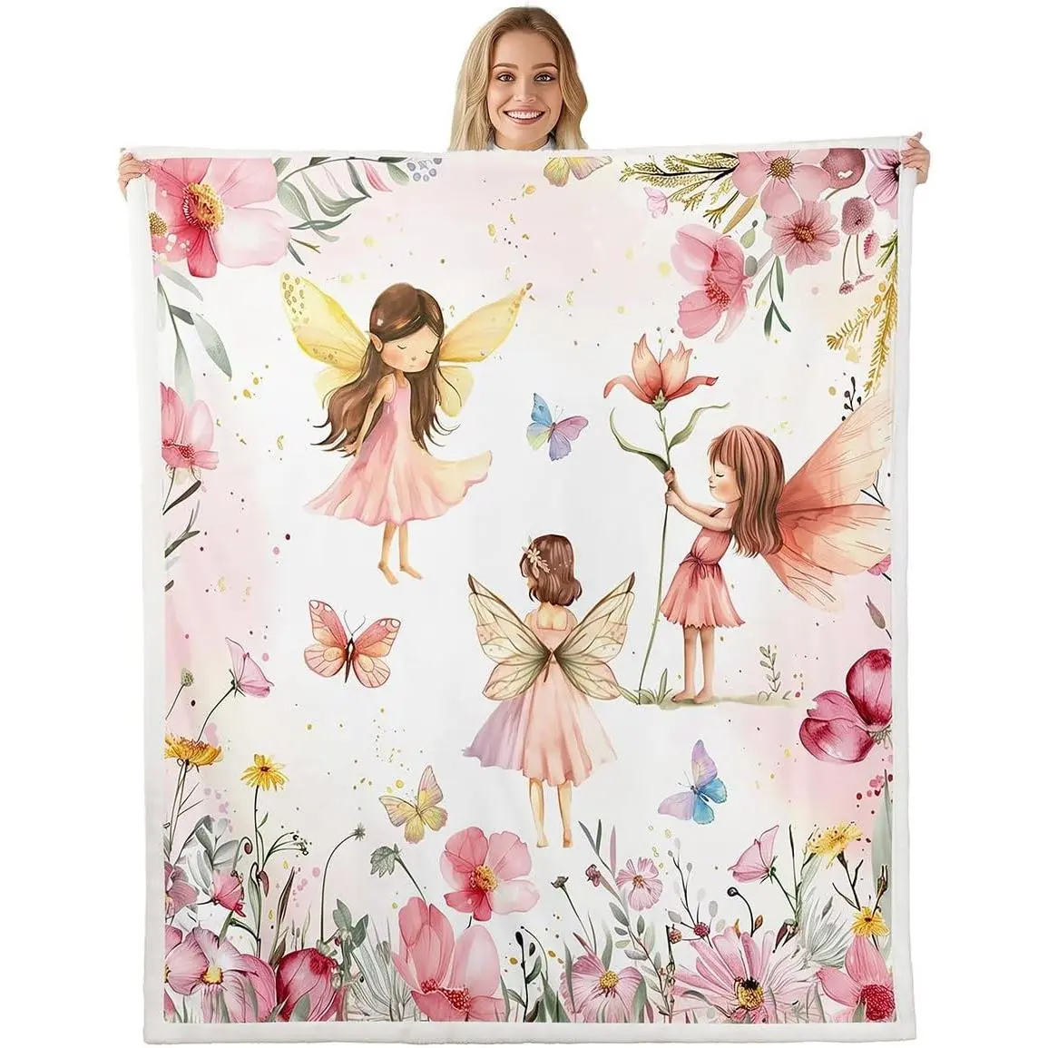 Dreamy Fairy Blanket Throw,Pink Fairy Garden Blankets and Throws,Cute Floral Butterfly Sherpa Blanket,Princess Coquette Decor Bed Sofa Couch