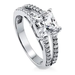 BERRICLE Sterling Silver Solitaire Wedding Engagement Rings Split Shank Ring for Women, 2 Carat Princess Cut Cubic Zirconia CZ