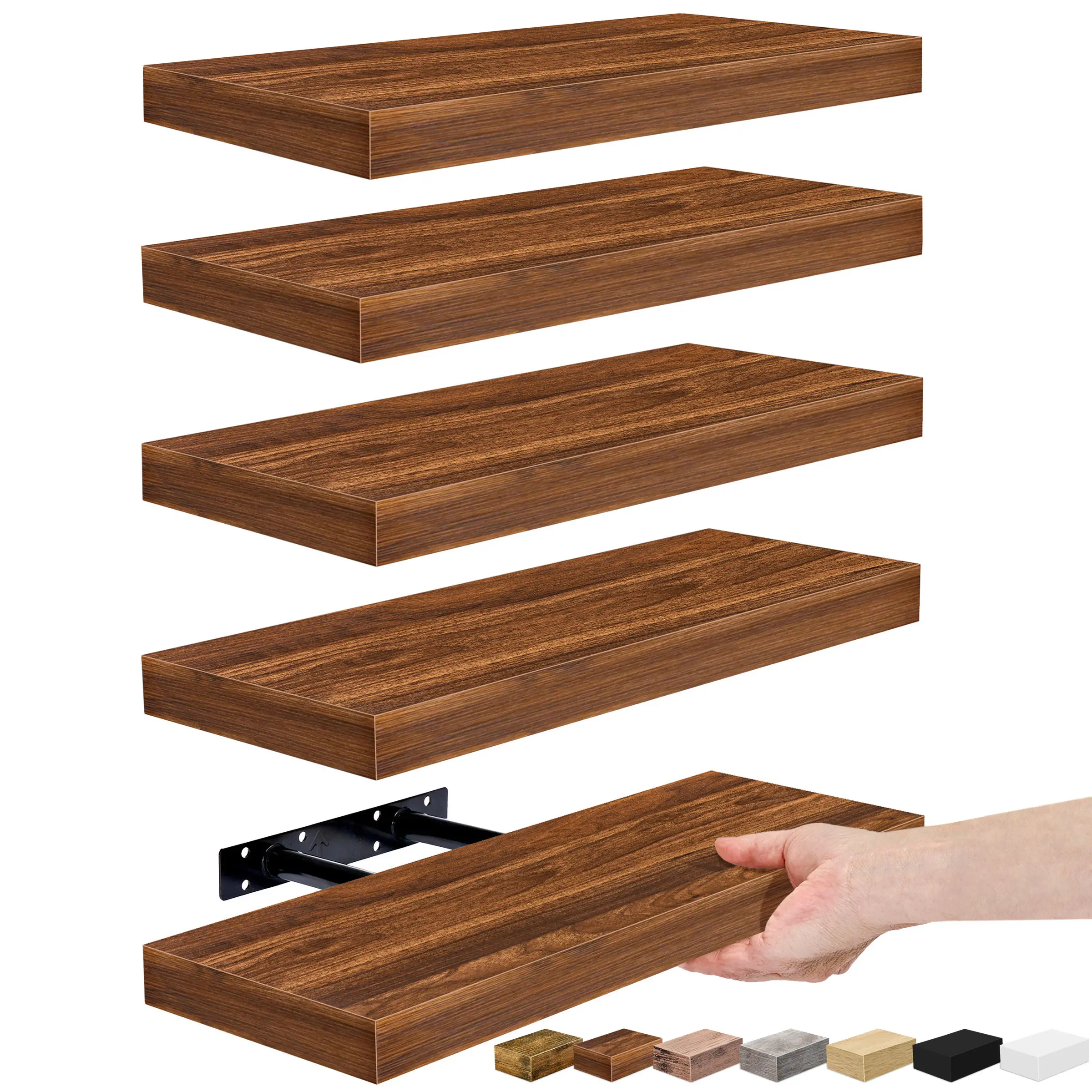Sorbus Floating Shelves Wall Mounted Decorative MDF Wood 16.25 in W x 5.5 in D Set of 5 Durable Invisible Brackets Easy Installation for Home Decor Hanging Shelves for Kitchen - Faux Wooden Rectangle