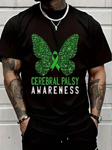 100% Cotton Butterfly Cerebral Palsy Awareness CP Green Ribbon Support T-Shirt Women's Men's Graphic Tee Crew Neck summer vacation Tops