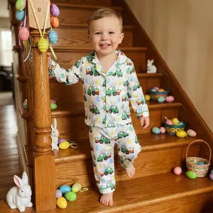 Boys 2PCS Easter Pajama Sets Long Sleeve Lapel Button Carrot Truck Print Tops Pants Sleepwear