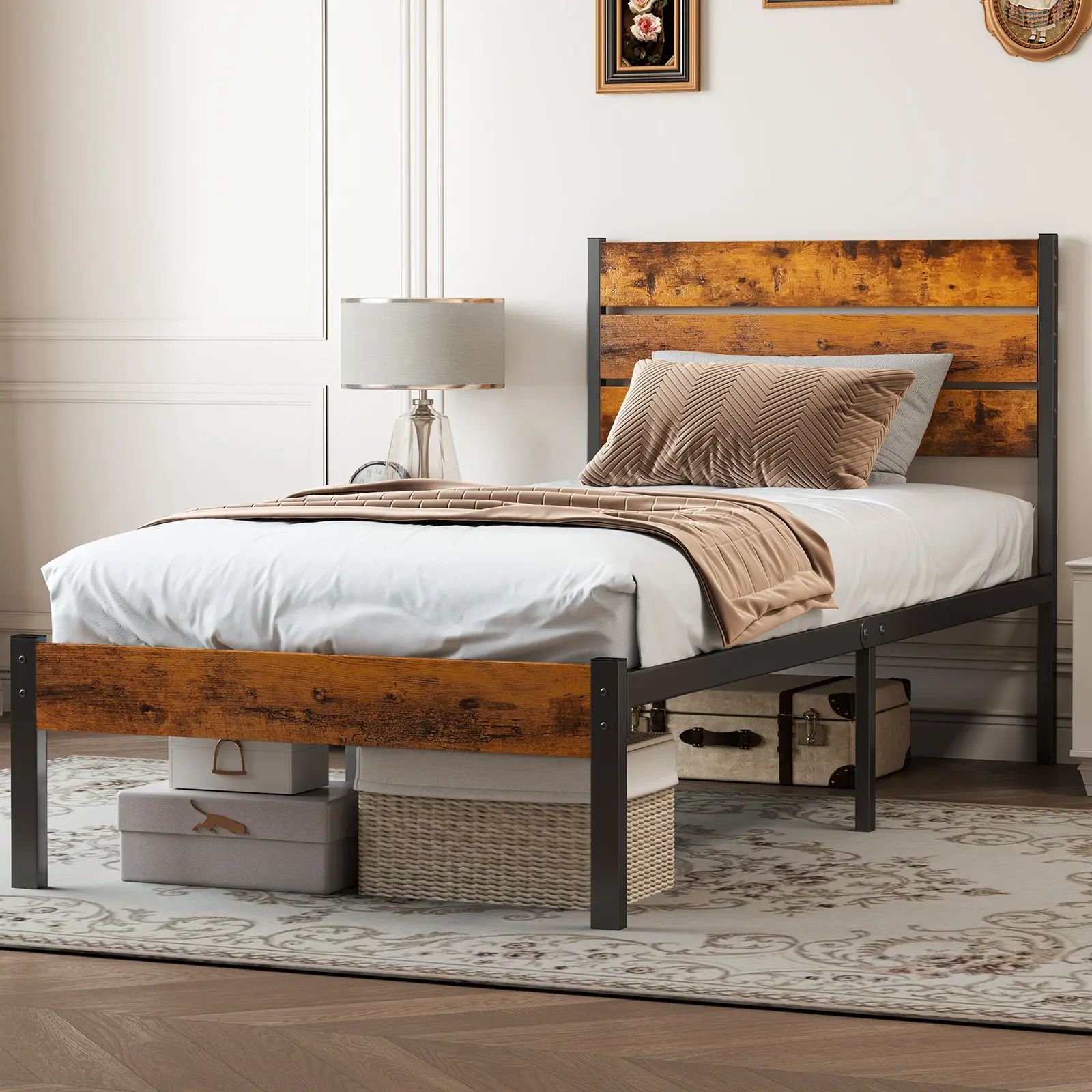 Twin Metal Platform Bed Frame - Mattress Foundation with Headboard and and Footboard, No Box Spring Needed with 800LBS Sturdy Wooden Slats Support