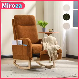 Teddy Nursery Rocking Chair, Comfy Accent Chair with High Backrest Upholstered Living Room Chairs with Side Pocket Armchair Reading Chair for Bedroom Nursery Office Mommy Chair, Colors: White/Beige/Brown/Green