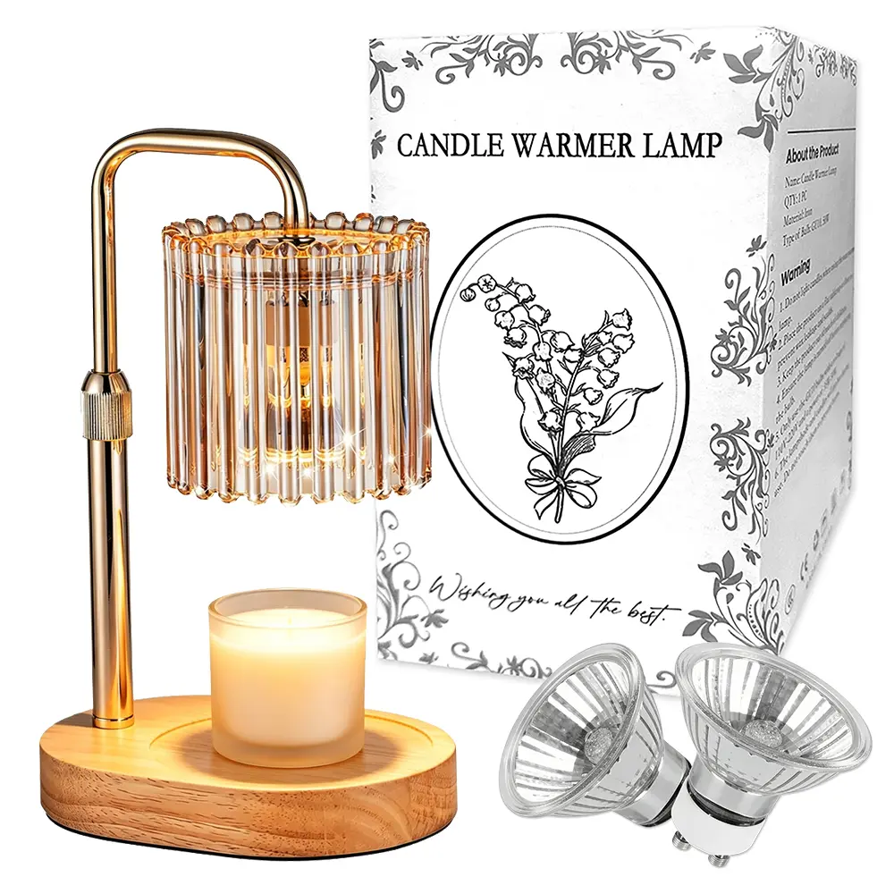 Chic High-End Gold Diamond Grid Glass Candle Warmer Lamp Timer Adjustable Height Safe Flameless Natural Wood Base Mom Birthday Holiday Gift