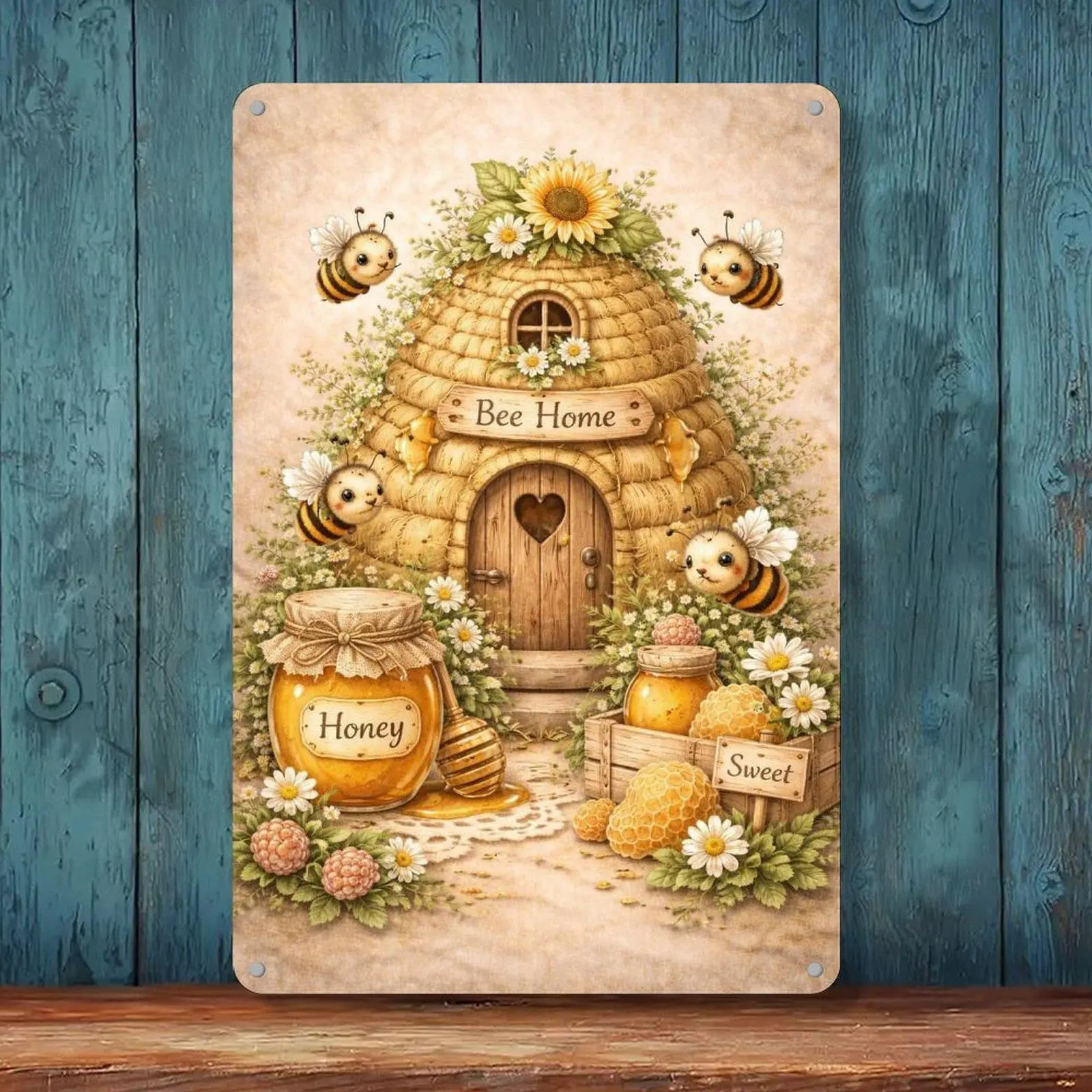 Bee Home Honey Hive Sunflower Daisy Cute Vintage Tin Sign 8x12in Bee Cottagecore Wall Art Metal Tin Sign