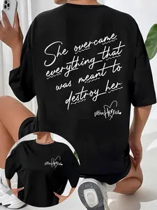 Women's Letter Print Drop Shoulder Baggy Oversized Tee, Casual Half Sleeve Round Neck Loose T-Shirt for Summer, Women's Top for Daily Wear
