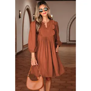 Cinnamon Bracelet Sleeve Split Neck Scallop Detail Pleated Corduroy Mini Dress