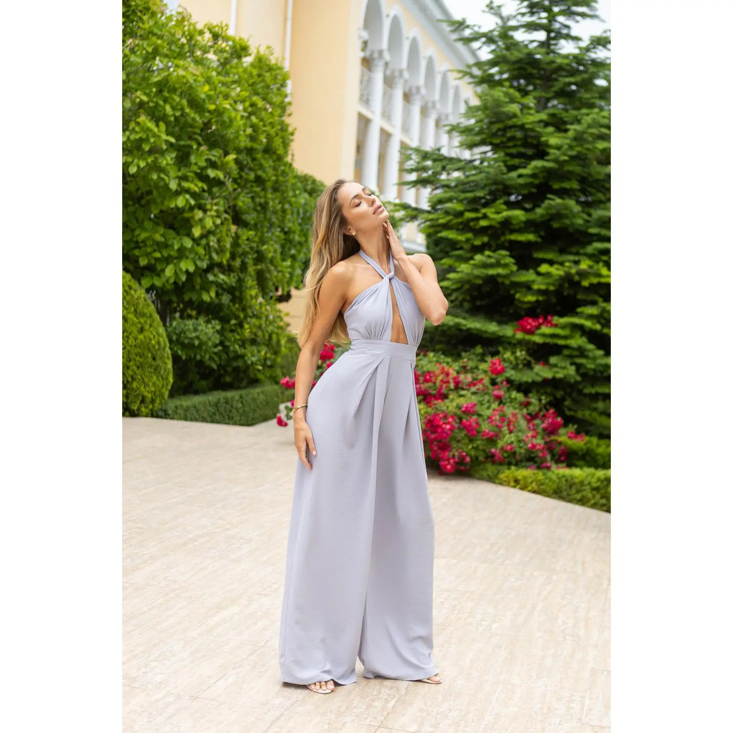 Alexa Grey Bow Top Backless Jumpsuit