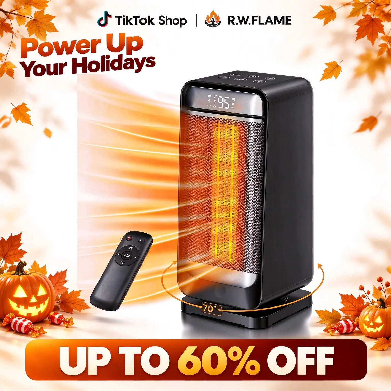 R.W.FLAME Compact & Space-Saving 1500W PTC Ceramic Space Heater, Portable Indoor Electric Heater with Thermostat, 70° Oscillation, Digital Display, 12H Timer, 41℉ to 95℉ Safety Heat for Bedroom, Office Desk