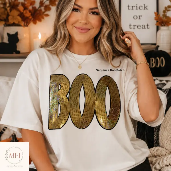 Sequin Gold Boo Patch Comfort Color T-shirt, Halloween Oversized Cute Tees for Sequin Lovers Top Womenswear Costume Streetwear Tshirt Bay Crewneck