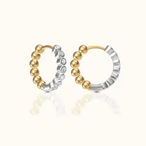 Two Tone Gold and Silver CZ Bezel Set Huggie Hoop Earrings