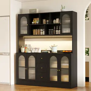 VOWNER Large Kitchen Hutch with RGB Light, Pantry Cabinet with 6 Fluted Glass Doors, 3 Drawers, 5 Adjustable Shelves & Spacious Open Compartment, For Kitchen, Dining Room