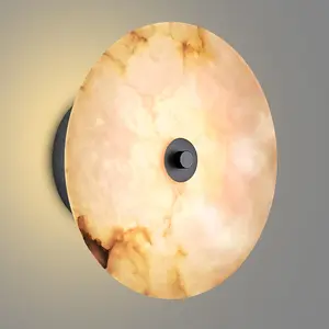 9.84 Inch Round Natural Alabaster Wall Sconce Marble Stone Light Decor for Wall, Dimmable 3CCT Hardwired Circular Sconce LED Modern Wall Lamp for Bedroom, Living Room, Bedside, Hallway (Black)