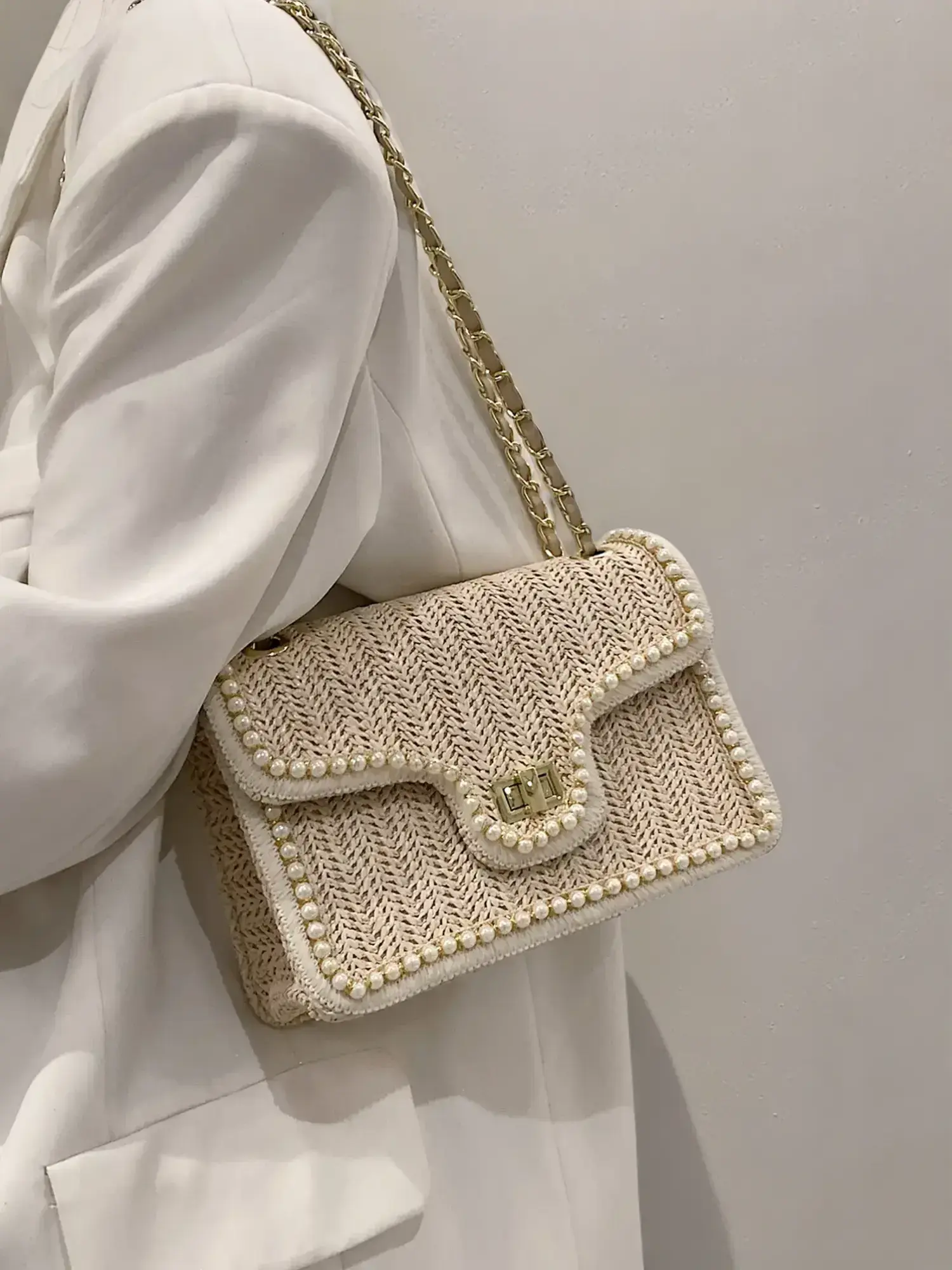 Elegant Faux Pearl Decor Straw Braid Shoulder Commuter Bag, Crossbody Purses 2025, Crossbody Chain Bag, Boho Style Stylish Crossbody Bags for Women, C