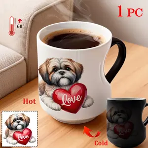 Ceramic Cup with Love, Drinkware - A cup featuring a cute dog pattern, red hearts and the word "Love", with a color-changing design for hot and cold temperatures. It is perfect as a gift for occasions such as Valentine's Day, Anniversary, and Birthd