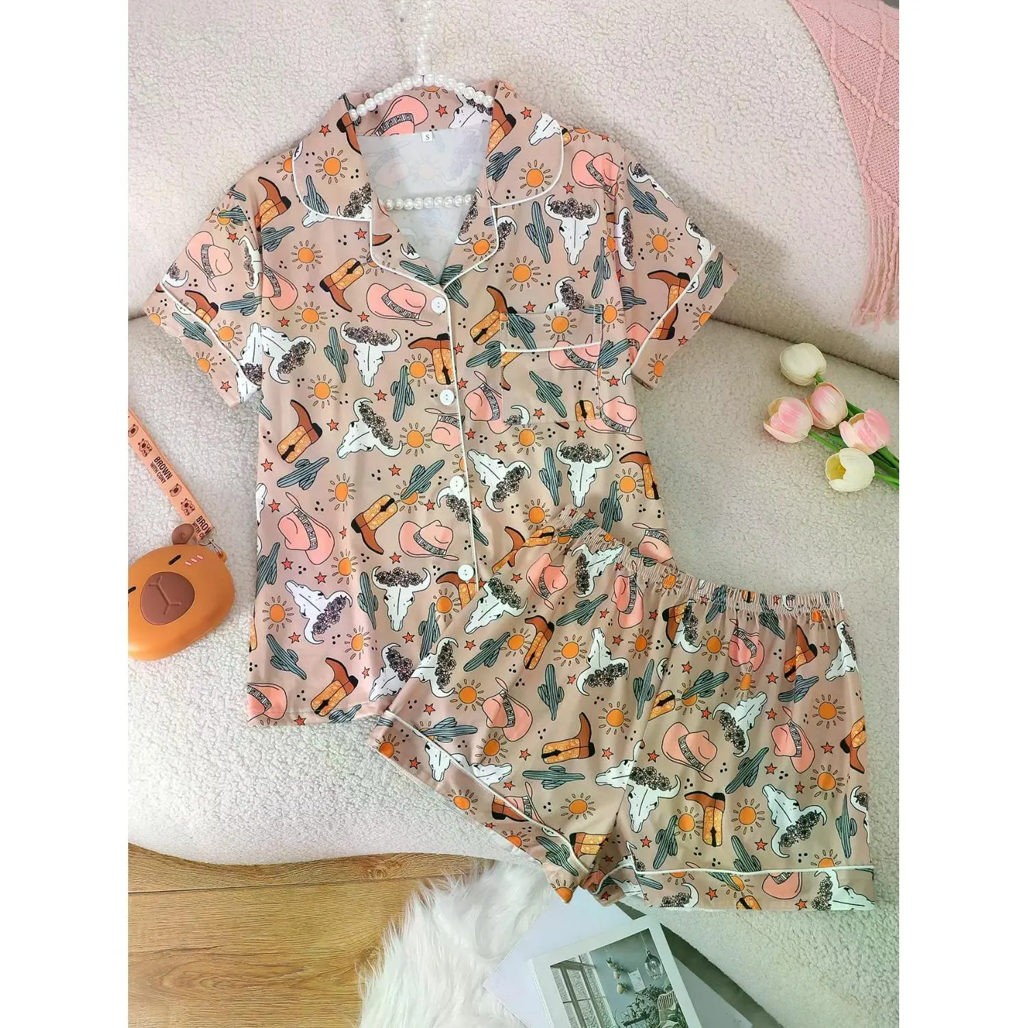 Western Cowboy Print Women's Sleepwear Set: Short Sleeve Collared Cardigan & Loose Elastic Shorts, All-Season Loungewear