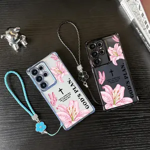 Bibical Cross and Lily Pattern Four Corner Anti-Fall Phone case for iPhone Samsung Galaxy 17Pro Max Air 16Plus 15 14 13 12 11 XR XS S25 S24 S23 S22 cases, Transparent cover, Non-Yellowing, Shockproof Soft silicone,Gifts For her.JL61-2