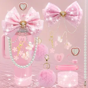 Premium Bling Accessory Kit for 30-40oz Stanley Tumblers | Glitter Bow Straw Topper, Pearl Handle Strap, Heart Straw Cover, Pom-Pom & Charms