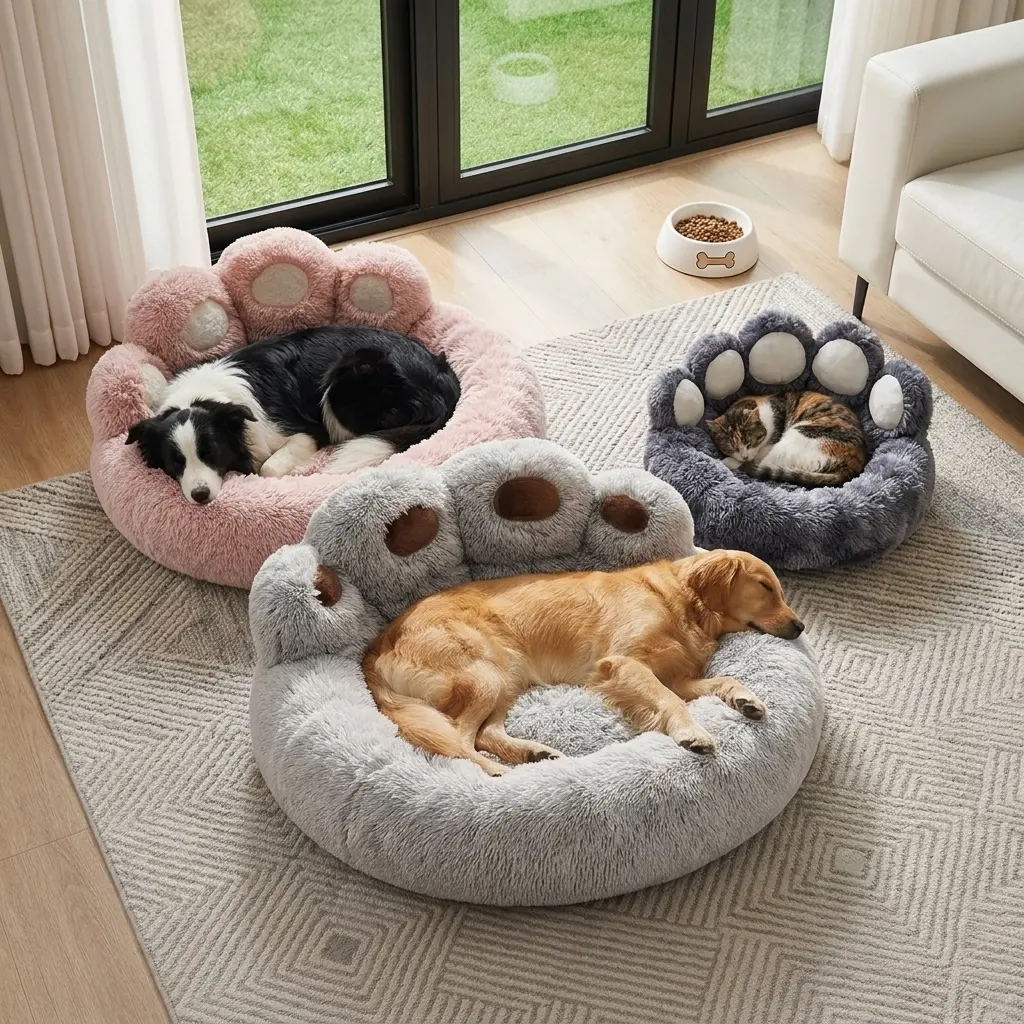 Cute Bear Paw Shaped Dog Bed And Cat Bed, Calm Donut Dog Bed, Warm And Comfortable Soft Dog Round Bed, Plush Dog And Cat Mattress Bed. Give Your Baby A Warm And Comfortable Mattress!