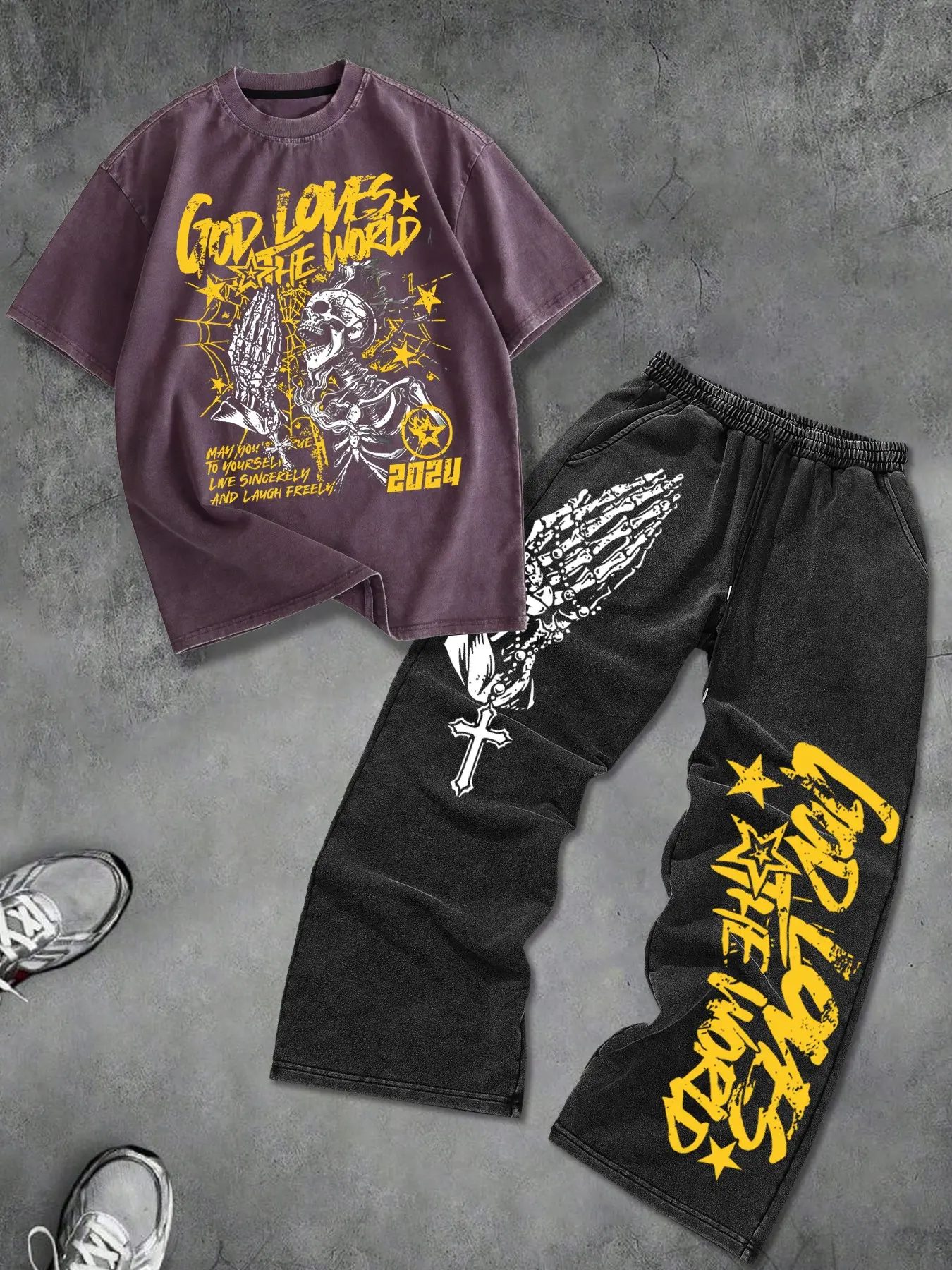 Men's Oversized Fashion Streetwear Set Clothes Menswear Y2K Vintage Acid Wash T-Shirt and Baggy Sweatpants "God Loves The World" Skull Skeleton Graphic Print Tracksuit Grunge Aesthetic Casual Outfit for Urban Daily Wear 2026