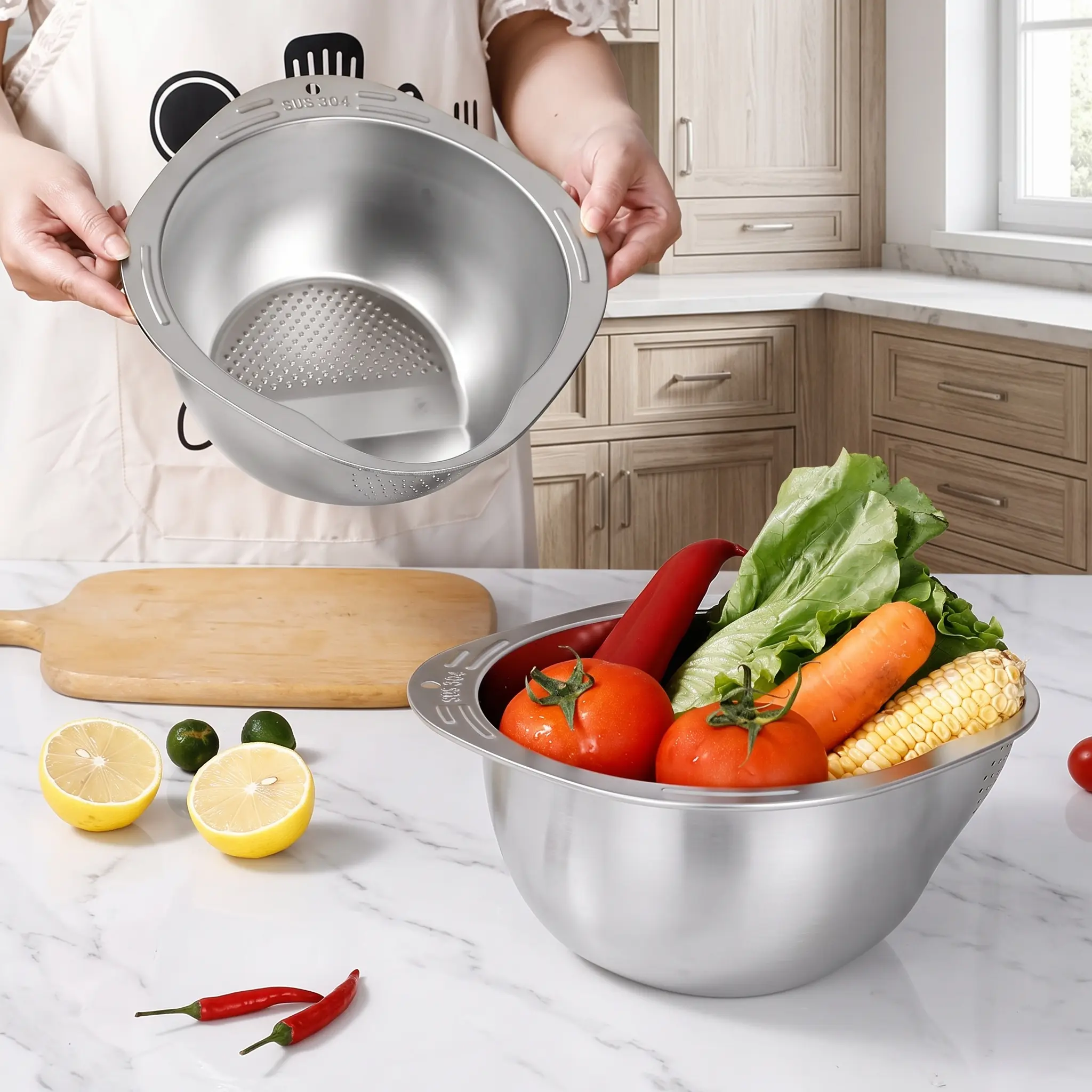 Stainless Steel Rice Washing Strainer - 1-Piece Round Bowl Kitchen Utensil with Side Drainers, Slanted Base, Hole Pattern, Sohochic Space-Saving Colander for Rice, Vegetables, Fruits Prep