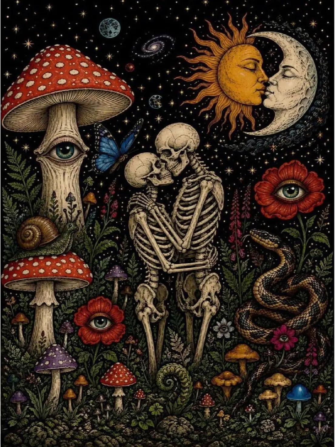 5D Diamond Painting Hugging Skeletons Mushroom Sun Moon Snake Floral Dark Gothic Celestial Art Crystal Rhinestone Canvas Wall Decor Gift