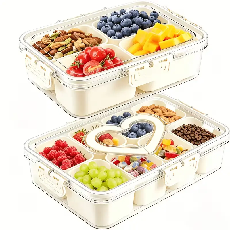 A of Two Divided Trays with Lids And Handles, Featuring 4/8 Compartments for Plates, a Detachable Portable Snack Box, Suitable for Fruits, Vegetables, Salads, Candies, And Nuts - Perfect for Travel, Camping, And Picnics