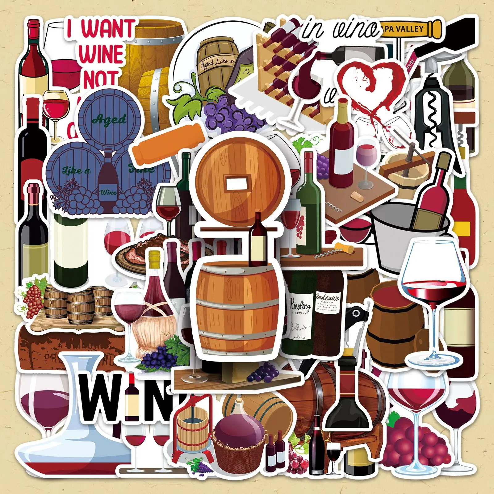 Wine Themed Self Adhesive Sticker, 100pcs/set Sticker Packs Creative Wine Design Decorative Stickers, DIY Decorative Sticker for Scrapbooking & Journal Making, High Adhesive Stickers, Adhesive Decals