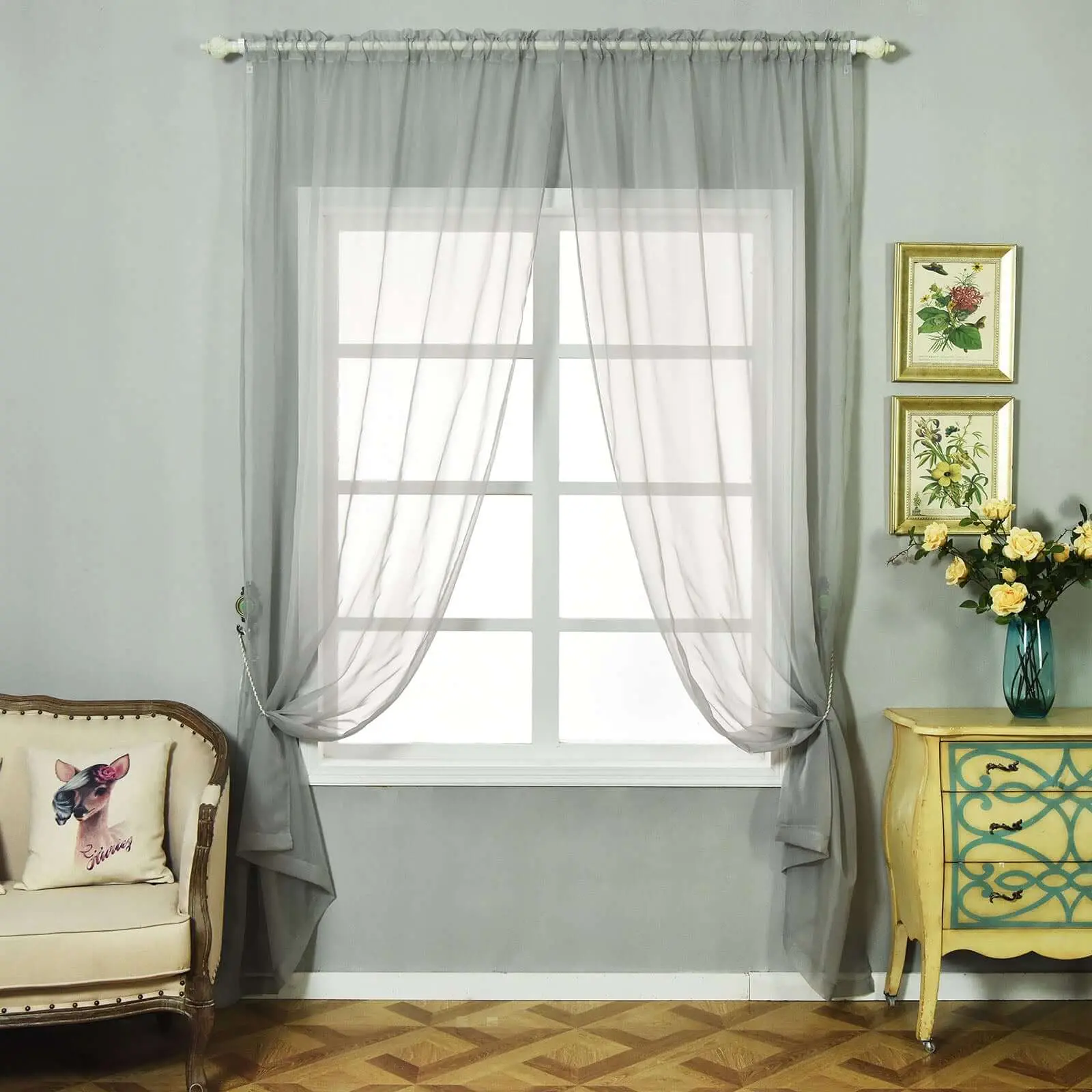 Home Decoration Curtains, 2-Pack Silver Organza Sheer Rod Pocket Top Window Treatment Panels, 52"x108", Fade Resistant